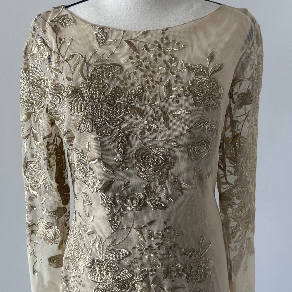 David Meister Champagne Beaded Floral Long-Sleeve Dress Size 6 - Picture 3 of 13